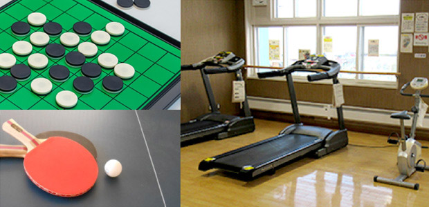 囲碁、卓球ラケット、ランニングマシーンの写真